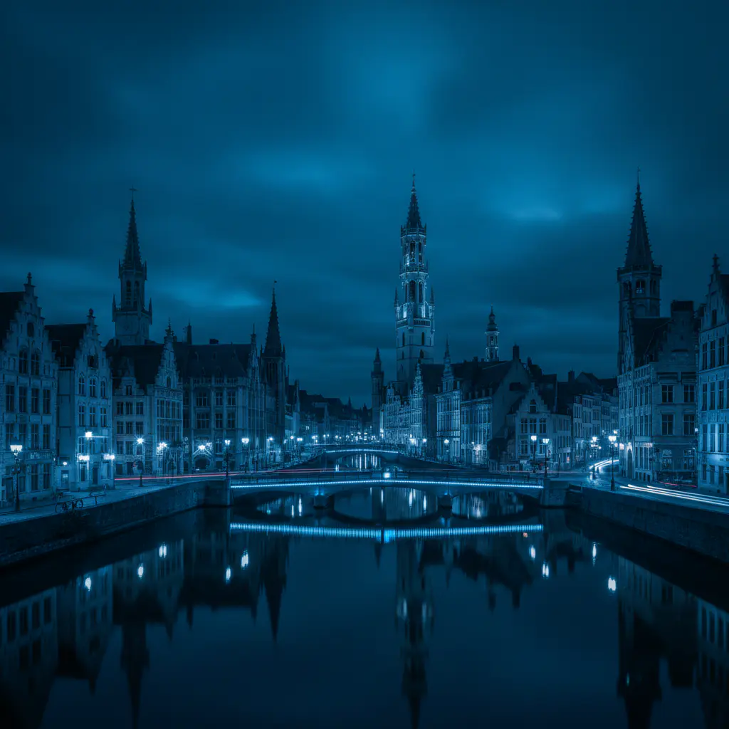Belgian city skyline at night